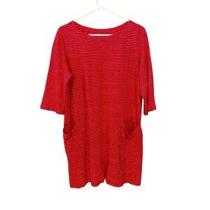 Eileen Fisher Coral Red Dress Size PM Front Pockets 100% Organic Linen ‎ Striped